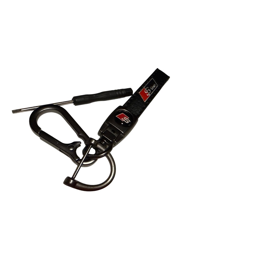 Audi S Line Black Leather Keychain Gunmetal Carabiner Key Fob Ring with Tool
